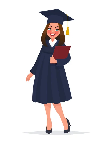 Graduada en manto con diploma. Ilustración vectorial en estilo de dibujos animados — Vector de stock