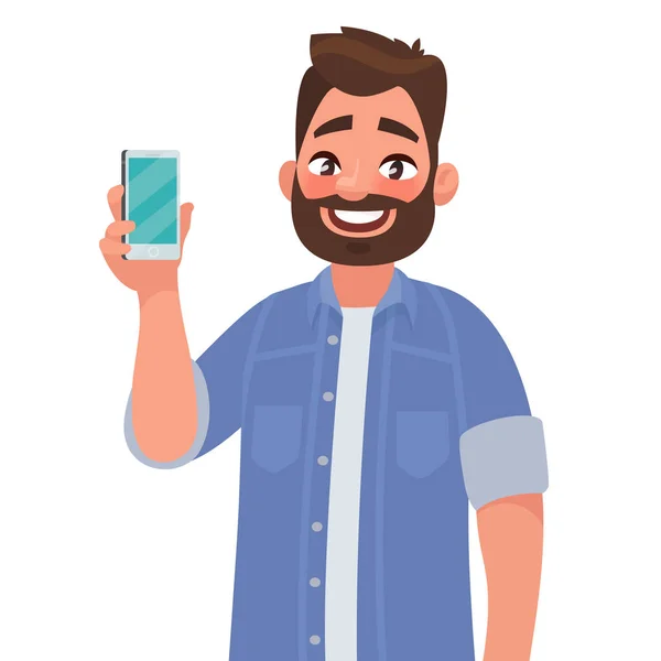 Man is showing the phone. People and gadgets. Vector illustration in cartoon style — Stock Vector