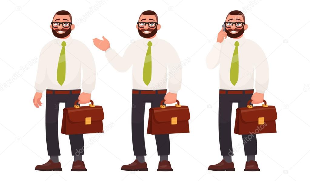 Businessman with briefcase and phone. Office worker wearing glasses. Vector illustration in cartoon style