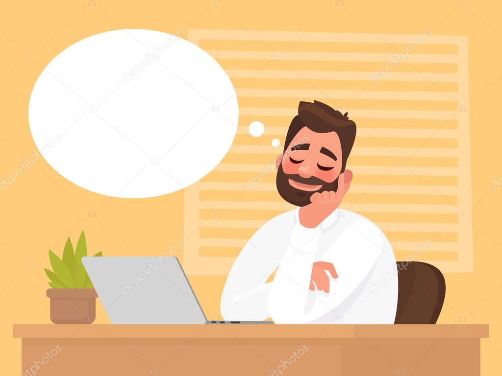 Man sitting at his desk dreams about something. Vector illustration in cartoon style