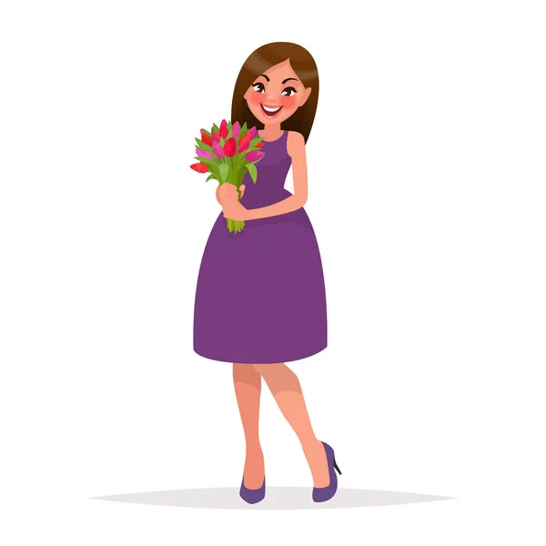 花の花束を持つ美しい女性。漫画のスタイルのベクトル図 — ストックベクタ