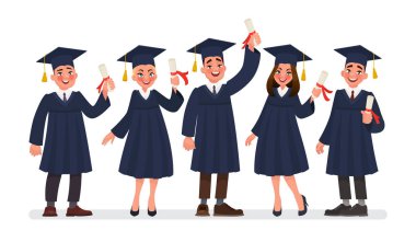 Diploma ile mezun öğrenci grubu. Vektör çizim karikatür tarzı