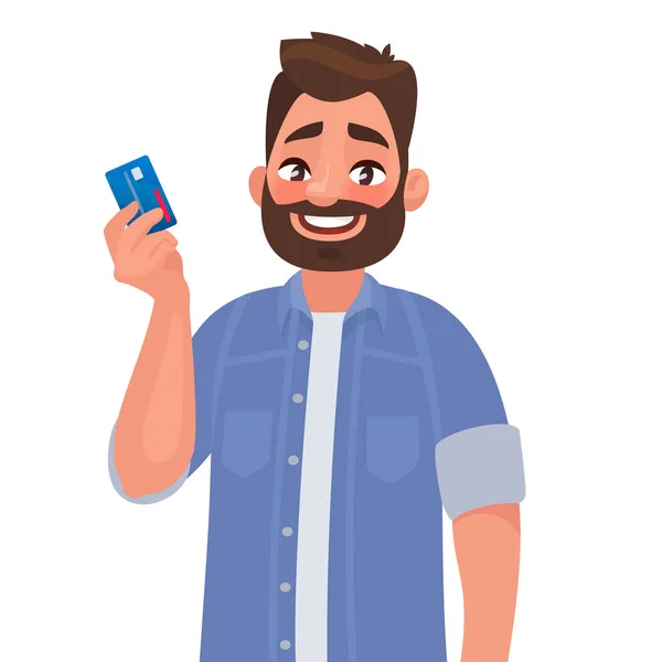 El hombre tiene una tarjeta de crédito en la mano. Ilustración vectorial — Archivo Imágenes Vectoriales