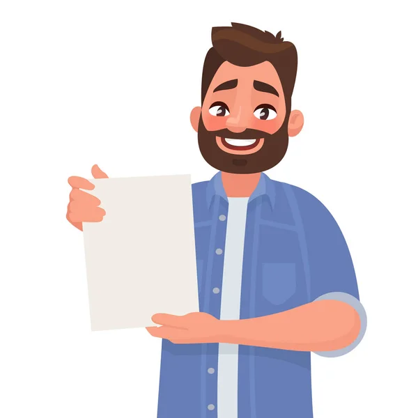 Man shows a sheet with the contract. Vector illustration — Stock Vector