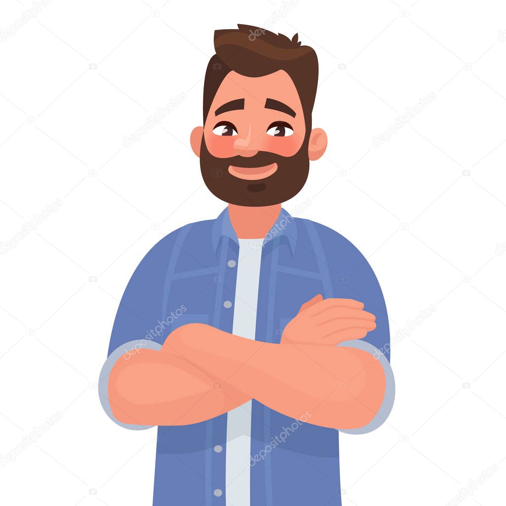 Bearded smiling man with arms crossed. Vector illustration