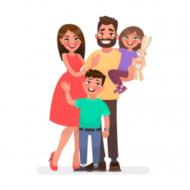 Mutlu genç aile. Baba, anne, oğlu ve kızı birlikte. Vektör çizim