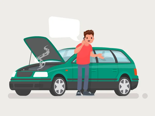 Desglose del coche en la carretera. Un hombre llama al servicio para ayudar. Ilustración vectorial — Archivo Imágenes Vectoriales