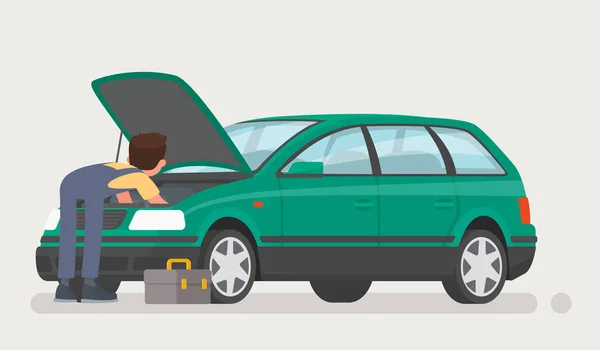 Reparação de carros. Auto mecânico abriu o capô e reparou o carro. Ilustração vetorial — Vetor de Stock