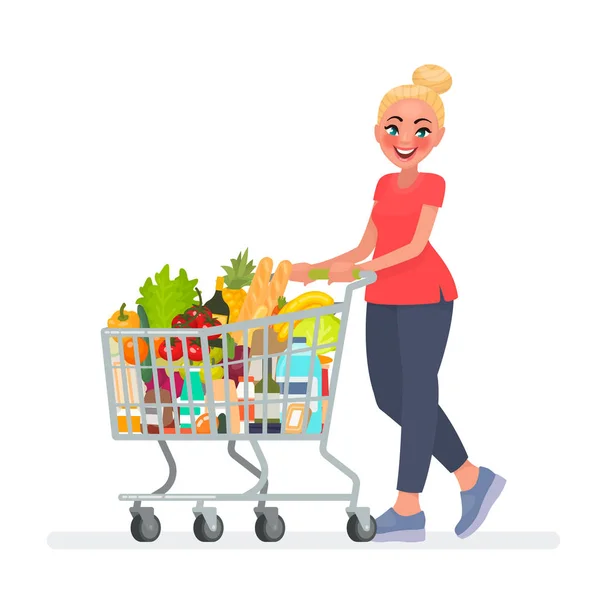 Vrouw is bezig met een kruidenierswinkel kar vol boodschappen in de supermarkt. Vectorillustratie — Stockvector