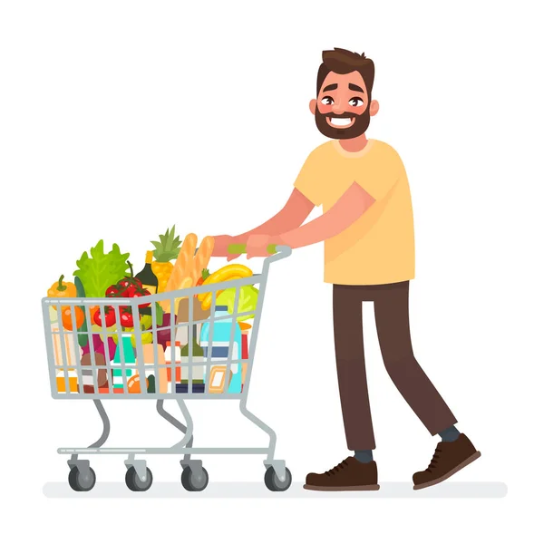 O homem está carregando um carrinho cheio de mantimentos no supermercado. Ilustração vetorial — Vetor de Stock