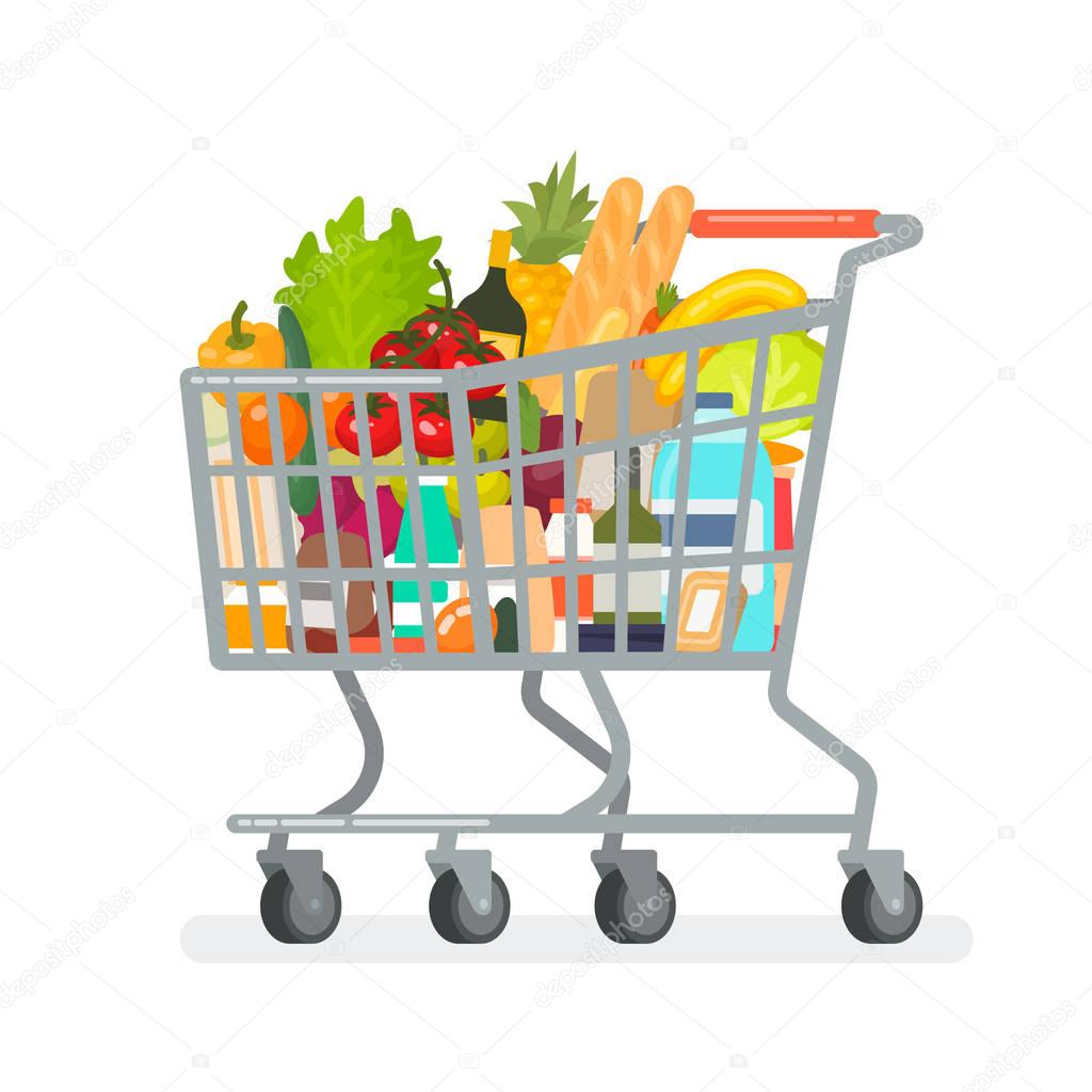 Grocery cart from the supermarket with products. Vector illustration