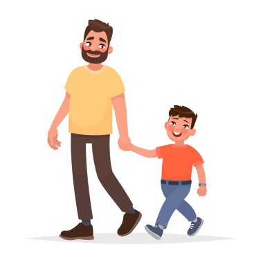 Baba ve oğul birlikte yürüyor. Vektör çizim
