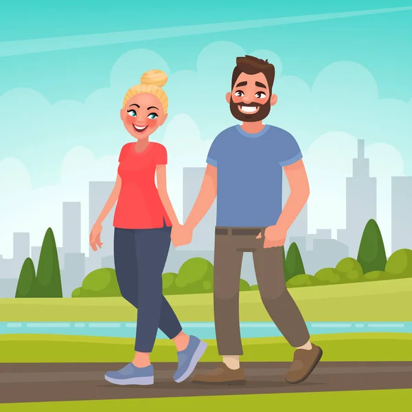 Pareja feliz en un parque urbano. Hombre y mujer tomados de la mano caminando al aire libre. Ilustración vectorial — Vector de stock