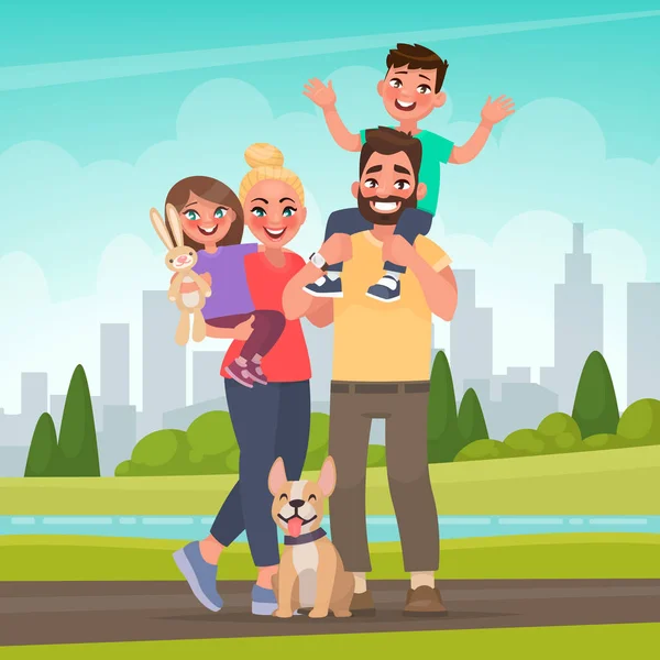 Famiglia felice nel parco. Padre, madre, figlio e figlia insieme nella natura. Illustrazione vettoriale — Vettoriale Stock