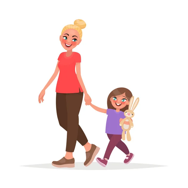 Mamá e hija están caminando juntas. Ilustración vectorial — Archivo Imágenes Vectoriales