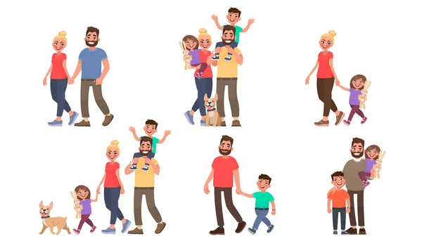 Conjunto de retratos familiares. Caminar al aire libre en el parque. Pareja, padre e hijo, madre e hija, y todos juntos. Ilustración vectorial — Vector de stock