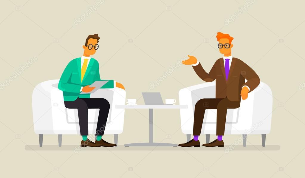 Business negotiation. Men sit in armchairs and discuss work and cooperation. Vector illustration