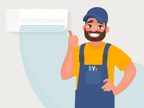 Bakım ve onarım Klima. Tamirci düzgün işleyen bir Klima arka plan üzerinde. Vektör çizim