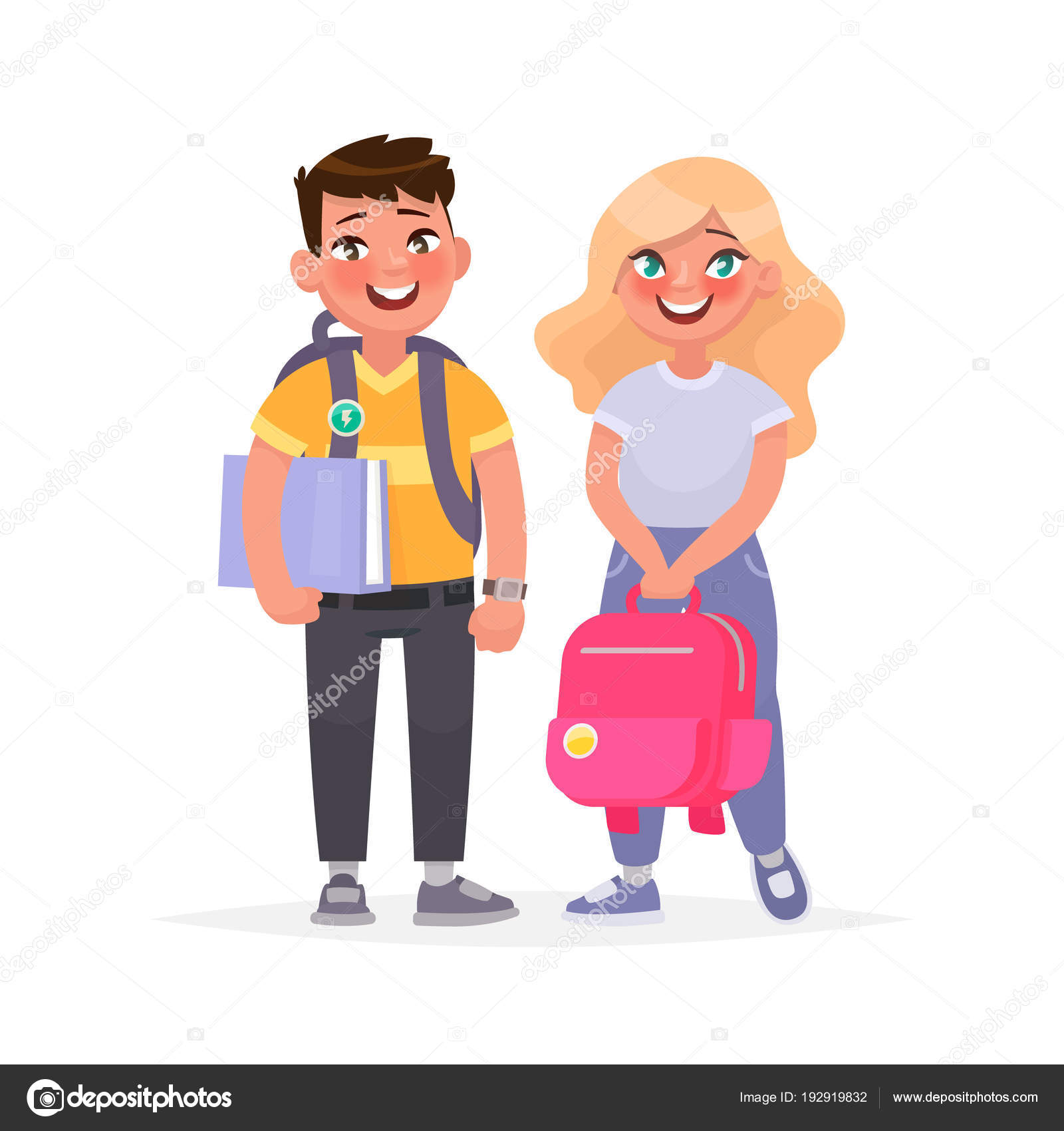 生徒のカップル。少年と本とバックパックを持つ少女。ele — ストック