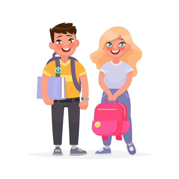 Uns alunos. Um rapaz e uma rapariga com livros e mochilas. Ele... —  Vetores de Stock