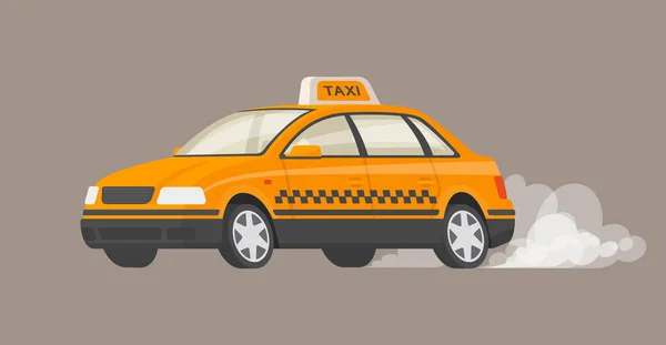 Snelle taxi. De auto rijdt op bestelling, waardoor een wolk van rook behin — Stockvector