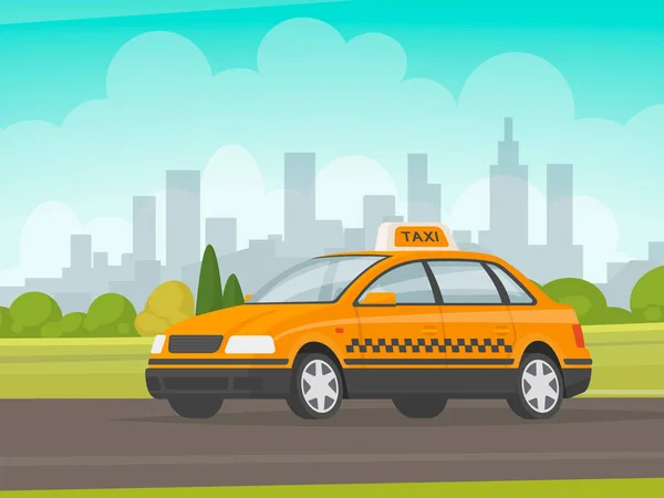 Taxi jezdí na pozadí města. CAB. Vektorové ilustrace — Stockový vektor