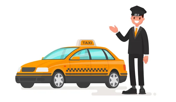 Taxi driver man med en bil. Cab. Vektorillustration — Stock vektor