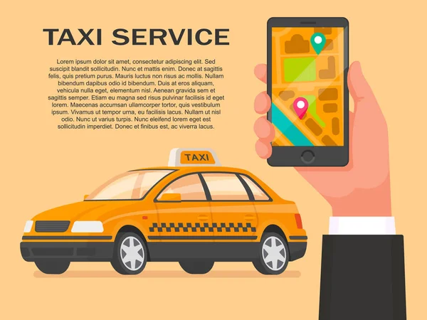 Servicio de taxi. Pida un taxi a través de la aplicación en su smarp — Vector de stock