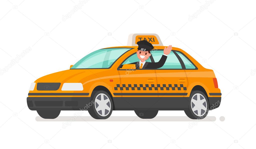 Driver is driving a taxi car. Yellow cab. Vector illustration