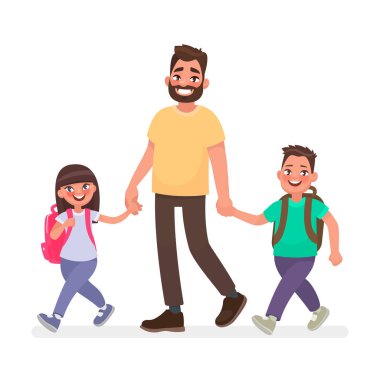 Baba ile çocukları okuyor. İlkokul çocukları ve SK