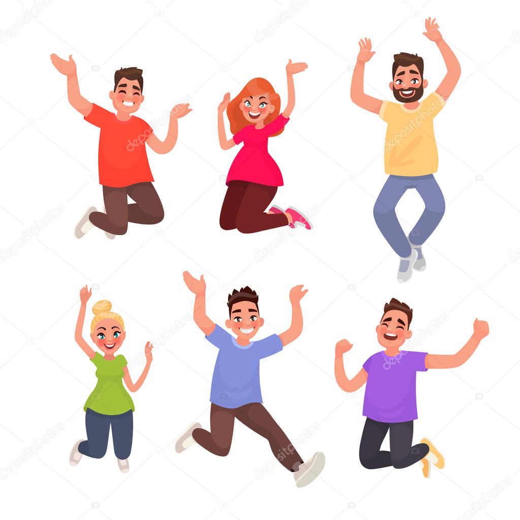 Set of happy people jumping against white background. Vector ill