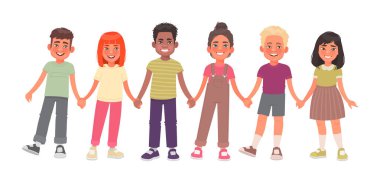 Farklı milletlerden mutlu çocuklar el ele tutuşuyor Stan.