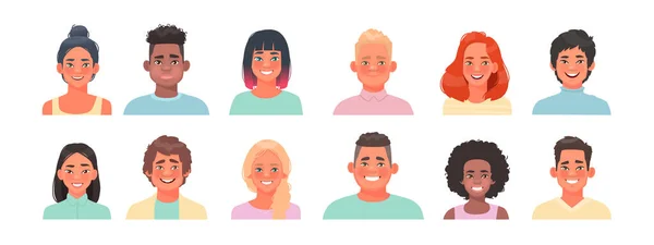En uppsättning avatarer karaktärer tonåringar. Porträtt av glada killar och — Stock vektor