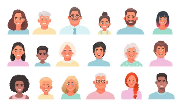 Ensemble d'avatars de personnages de différents âges et nationalités — Image vectorielle