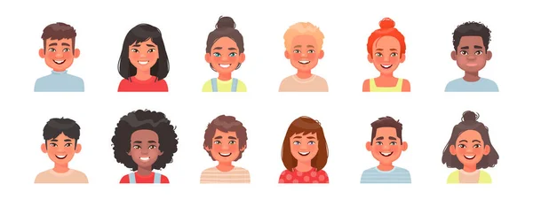 Een verzameling avatars van kinderpersonages. Gelukkige gezichten van jongens en g — Stockvector