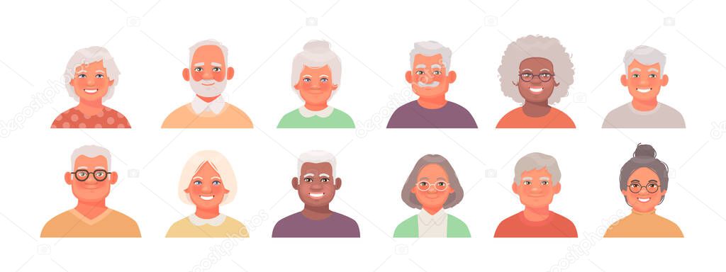 Set of avatars characters of older people. A collection of portr