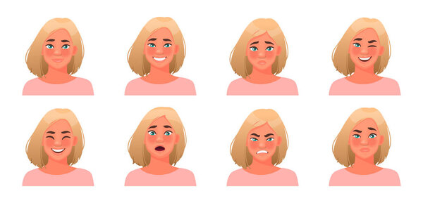 Set of different emotions woman. Happiness, surprise, anger, sad
