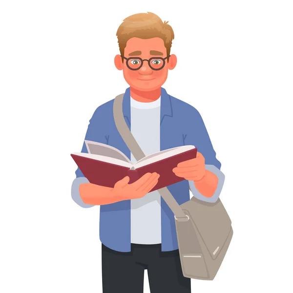 Een man met een bril leest een boek. Een student studeert wetenschappen — Stockvector
