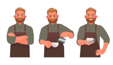Barista karakter seti. Önlüklü bir adam, kahve dükkanı çalışanı.