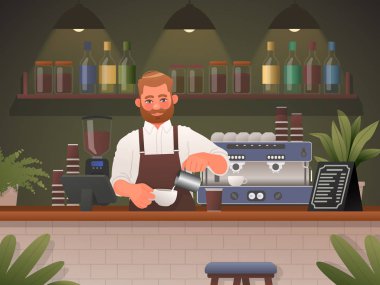 Barista bir kafede kahve yapar. Sepetteki vektör illüstrasyonu