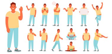 Set of character of a young man in various poses and actions. Th clipart