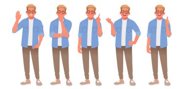 Çeşitli jestleri olan genç bir adam. Adam...