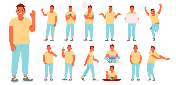 Набор характера молодого человека в различных позах и действиях. Th
