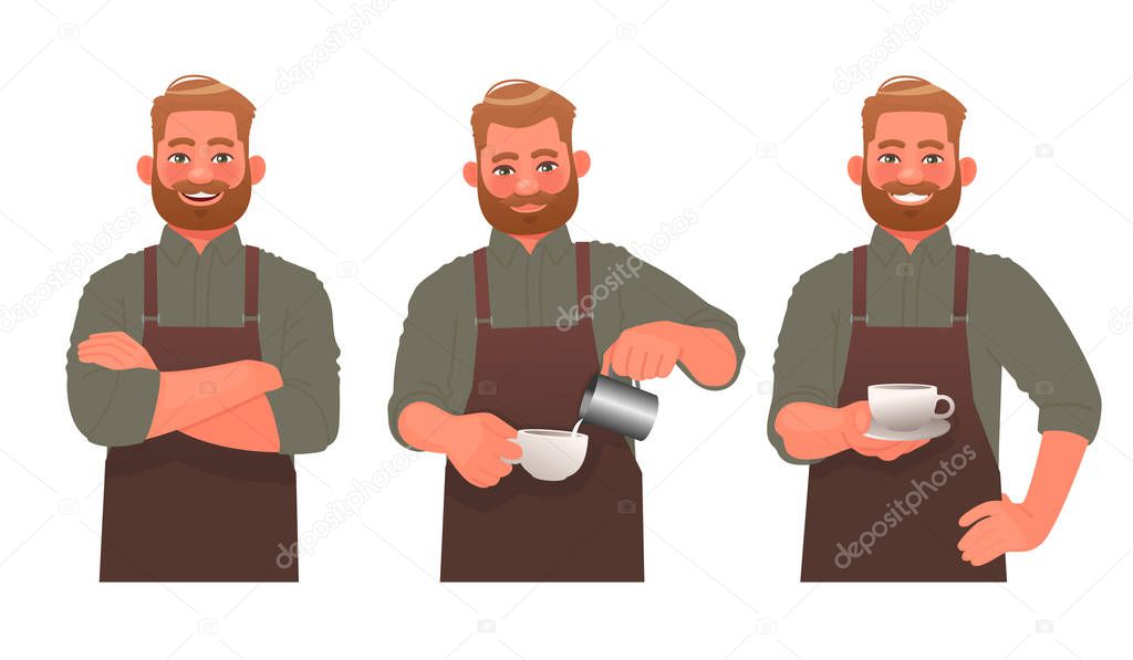 Barista character set. A man in an apron, a coffee shop worker i