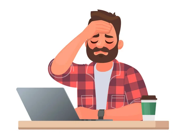 Unavený muž u stolu. Bolest hlavy nebo nemoc v práci. Přepracování — Stockový vektor