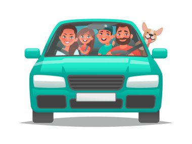 Happy family rides in a car. Dad, mom, children and a dog went o
