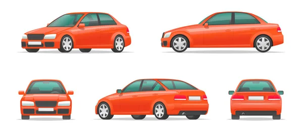 Conjunto de diferentes ángulos de un coche rojo. Ciudad deporte sedán vista desde — Vector de stock