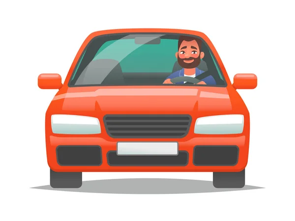 Um homem feliz a conduzir um carro vermelho. Condutor Sedan. Compra de um novo veículo — Vetor de Stock