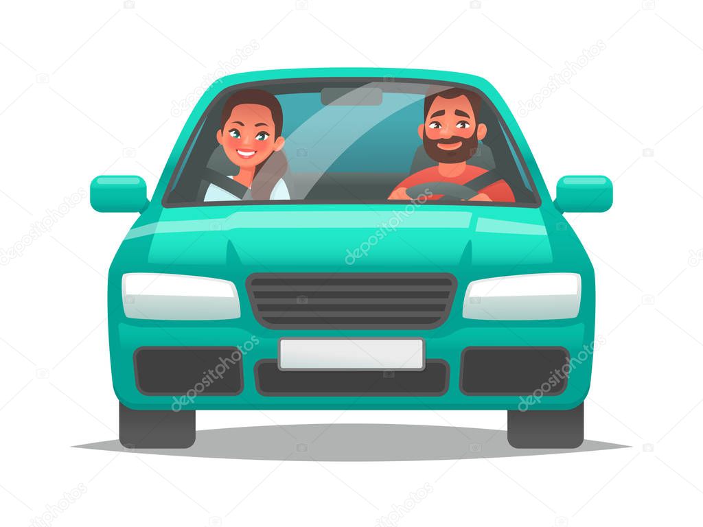 Happy couple of young people rides a car. A man driving a vehicl