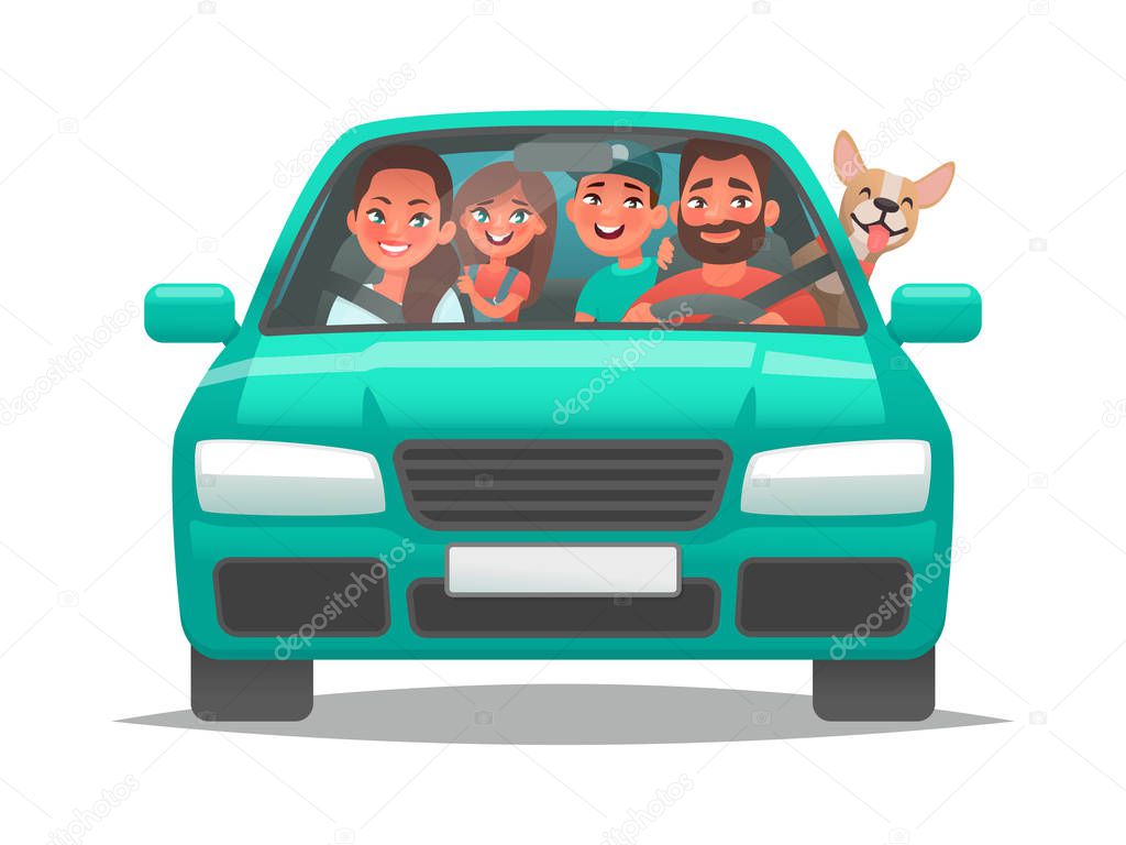 Happy family rides in a car. Dad, mom, children and a dog went o